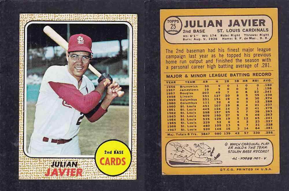 1968 TOPPS BASEBALL CARD #25 J. JAVIER photo 1968 TOPPS BASEBALL CARD #25 J. JAVIER photo