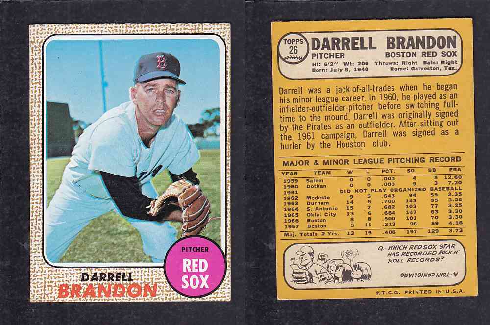 1968 TOPPS BASEBALL CARD #26 D. BRANDON photo 1968 TOPPS BASEBALL CARD #26 D. BRANDON photo
