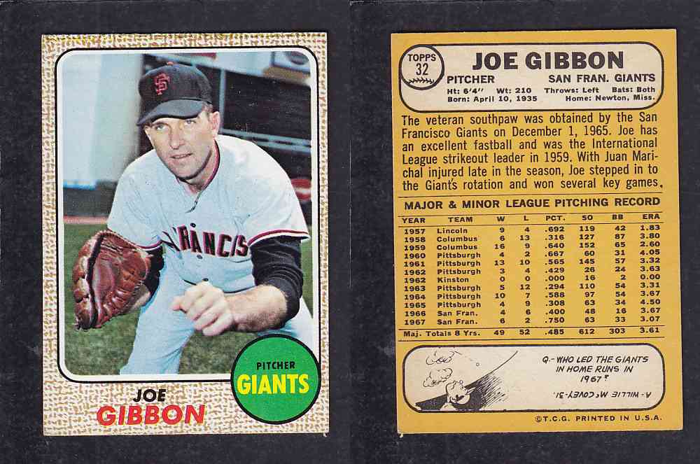 1968 TOPPS BASEBALL CARD #32 J. GIBBON photo 1968 TOPPS BASEBALL CARD #32 J. GIBBON photo