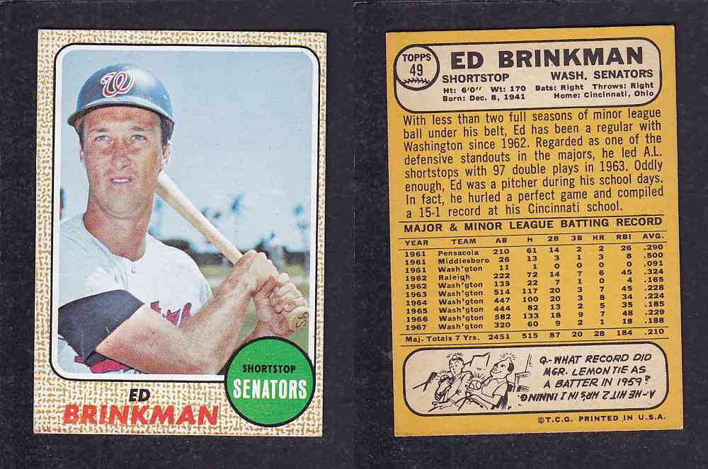 1968 TOPPS BASEBALL CARD #49 E. BRINKMAN photo 1968 TOPPS BASEBALL CARD #49 E. BRINKMAN photo