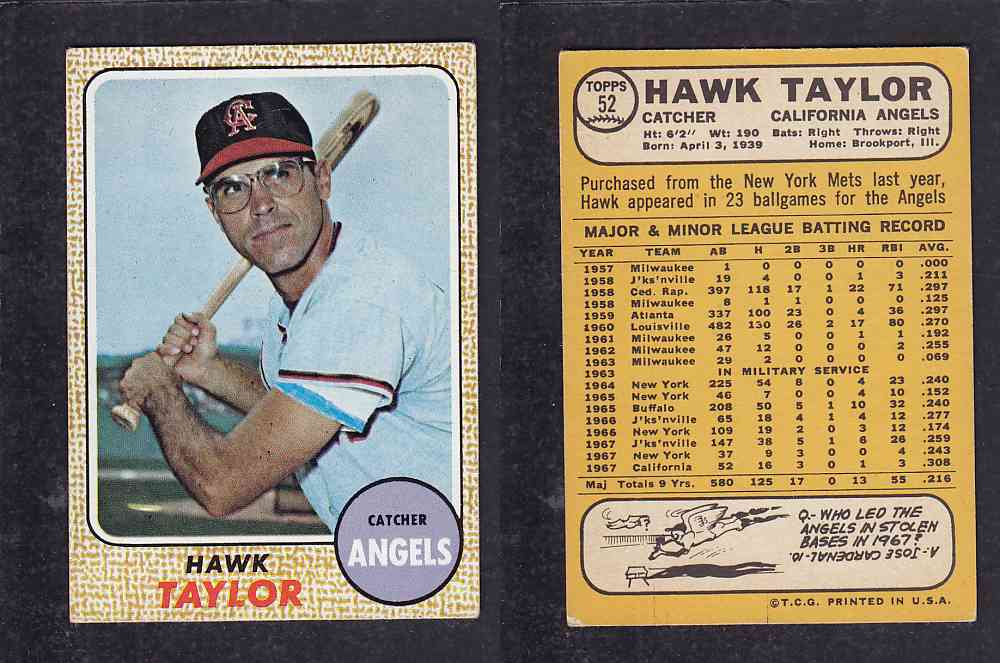 1968 TOPPS BASEBALL CARD #52 H. TAYLOR photo 1968 TOPPS BASEBALL CARD #52 H. TAYLOR photo