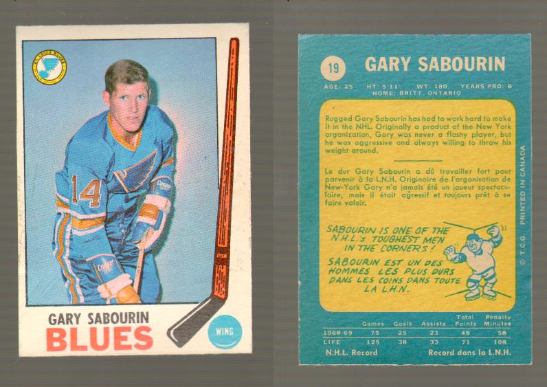 1969-70 O-PEE-CHEE HOCKEY CARD #19 GARY SABOURIN photo 1969-70 O-PEE-CHEE HOCKEY CARD #19 GARY SABOURIN photo