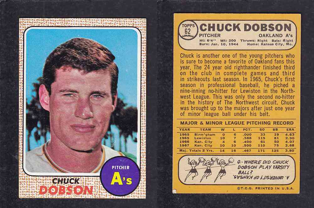 1968 TOPPS BASEBALL CARD #62 C. DOBSON photo 1968 TOPPS BASEBALL CARD #62 C. DOBSON photo