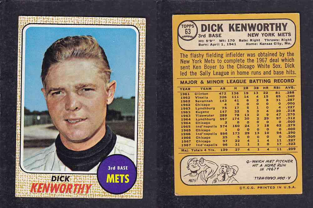 1968 TOPPS BASEBALL CARD #63 D. KENWORTHY photo 1968 TOPPS BASEBALL CARD #63 D. KENWORTHY photo