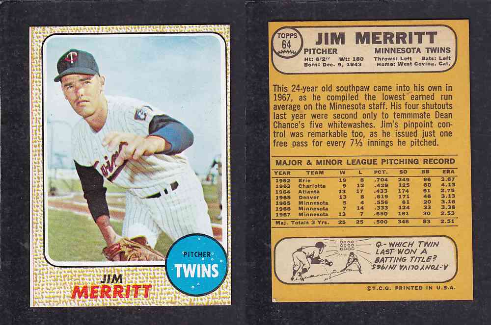 1968 TOPPS BASEBALL CARD #64 J. MERRITT photo 1968 TOPPS BASEBALL CARD #64 J. MERRITT photo