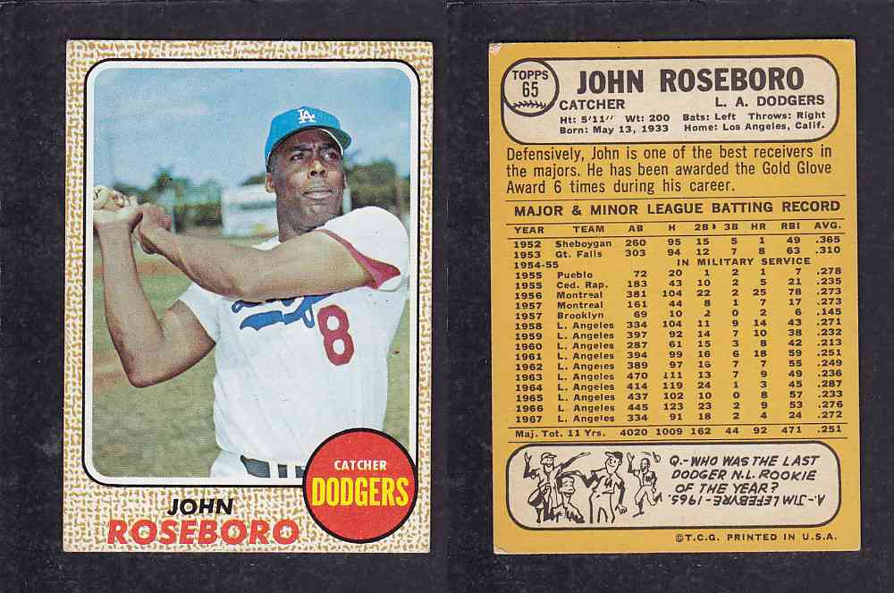 1968 TOPPS BASEBALL CARD #65 J. ROSEBORO photo 1968 TOPPS BASEBALL CARD #65 J. ROSEBORO photo
