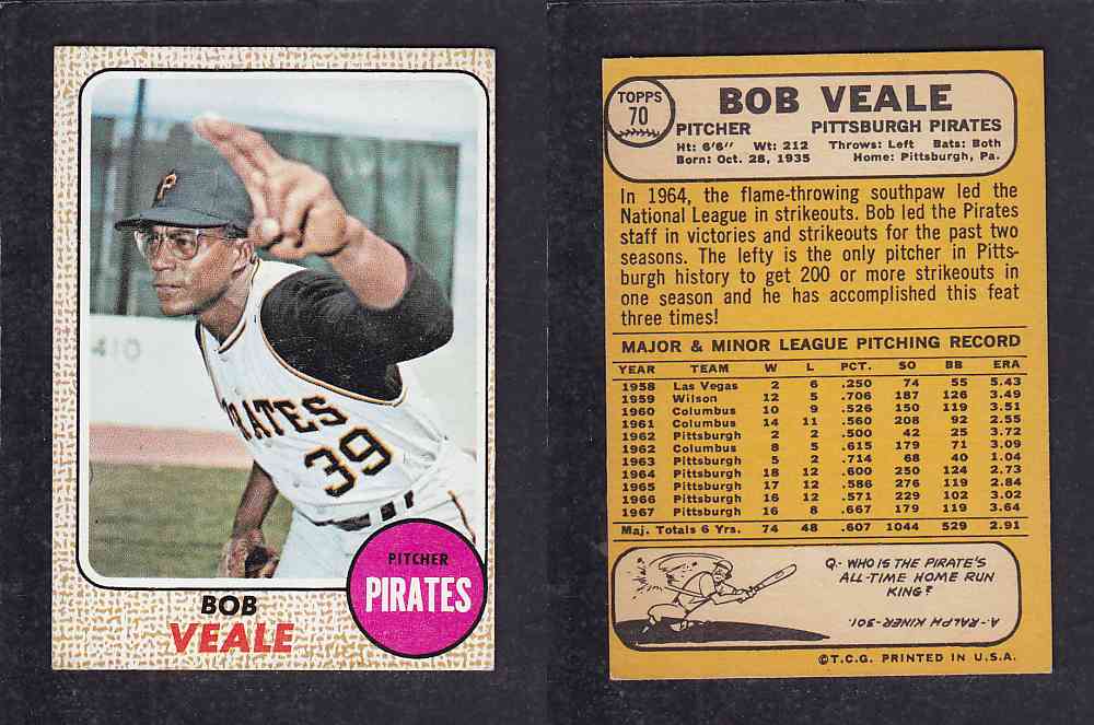 1968 TOPPS BASEBALL CARD #70 B. VEALE photo 1968 TOPPS BASEBALL CARD #70 B. VEALE photo