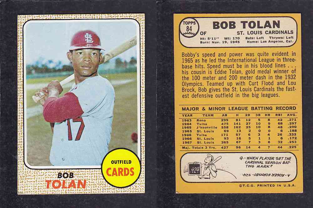 1968 TOPPS BASEBALL CARD #84 B. TOLAN photo 1968 TOPPS BASEBALL CARD #84 B. TOLAN photo