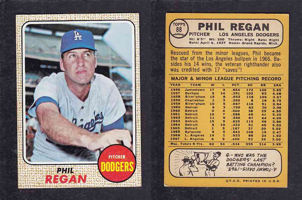 1968 TOPPS BASEBALL CARD #88 P. REGAN photo 1968 TOPPS BASEBALL CARD #88 P. REGAN photo