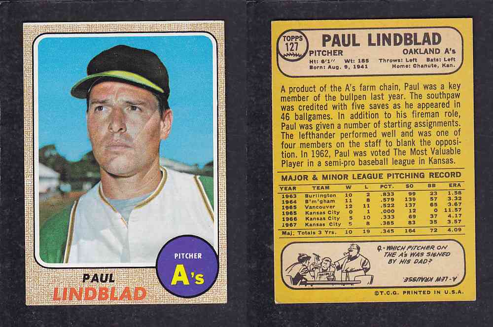 1968 TOPPS BASEBALL CARD #127 P.LINDBLAD photo 1968 TOPPS BASEBALL CARD #127 P.LINDBLAD photo