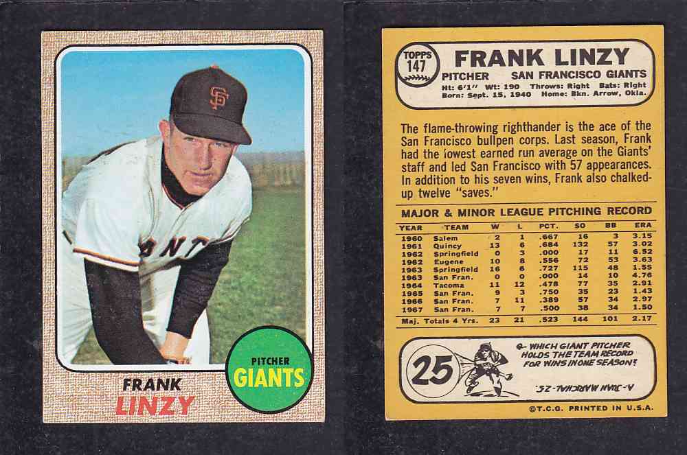 1968 TOPPS BASEBALL CARD #147 F. LINZY photo 1968 TOPPS BASEBALL CARD #147 F. LINZY photo