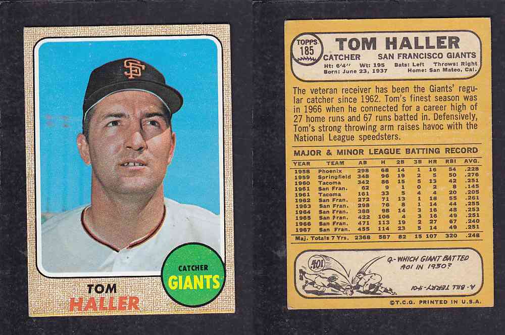 1968 TOPPS BASEBALL CARD #185 T. HALLER photo 1968 TOPPS BASEBALL CARD #185 T. HALLER photo