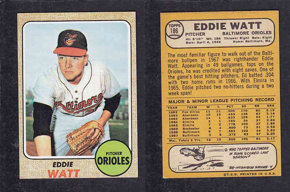 1968 TOPPS BASEBALL CARD #186 E. WATT photo 1968 TOPPS BASEBALL CARD #186 E. WATT photo