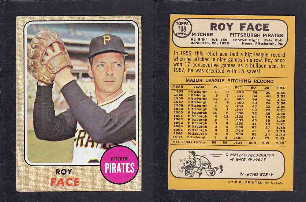 1968 TOPPS BASEBALL CARD #198 R. FACE photo 1968 TOPPS BASEBALL CARD #198 R. FACE photo