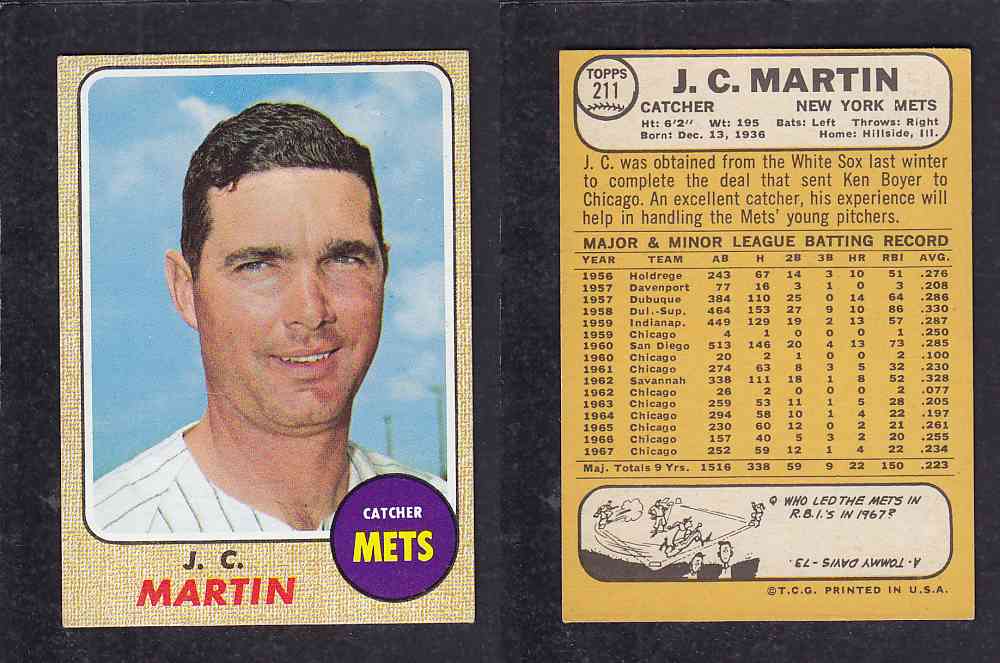 1968 TOPPS BASEBALL CARD #211 J.C. MARTIN photo 1968 TOPPS BASEBALL CARD #211 J.C. MARTIN photo