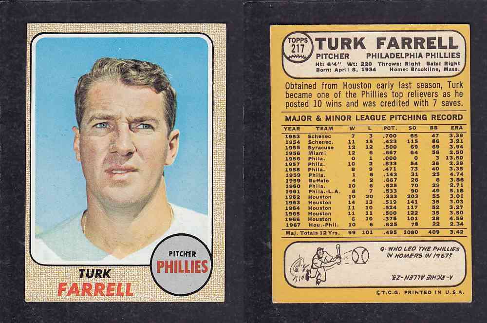 1968 TOPPS BASEBALL CARD #217 T. FARRELL photo 1968 TOPPS BASEBALL CARD #217 T. FARRELL photo