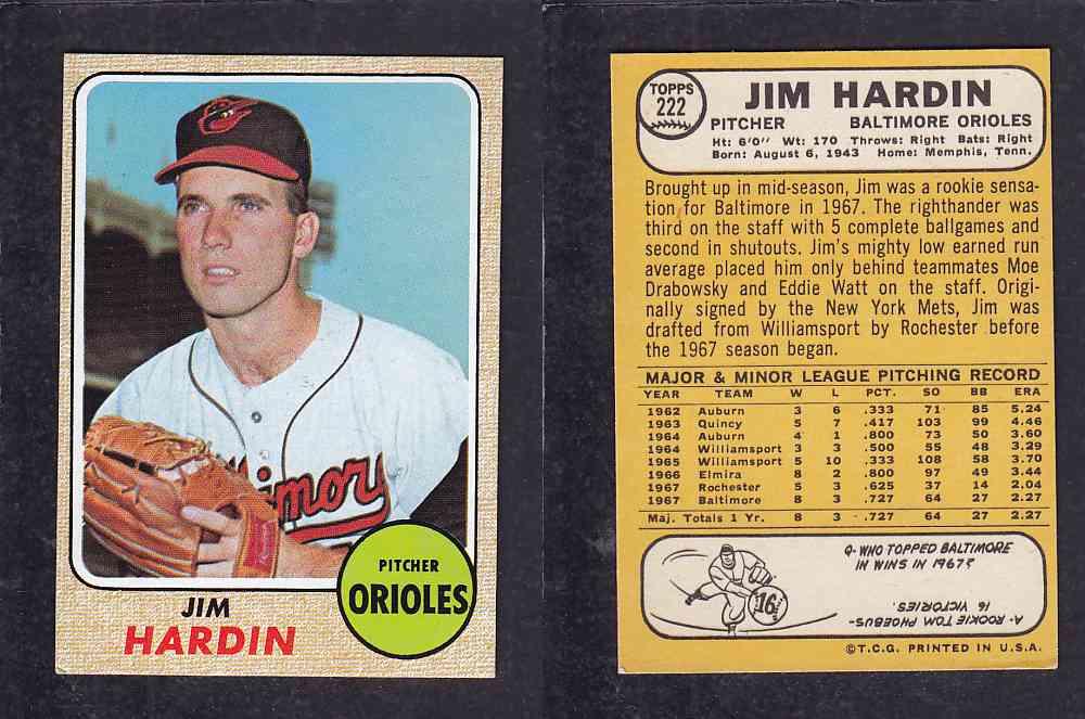 1968 TOPPS BASEBALL CARD #222 J. HARDIN photo 1968 TOPPS BASEBALL CARD #222 J. HARDIN photo