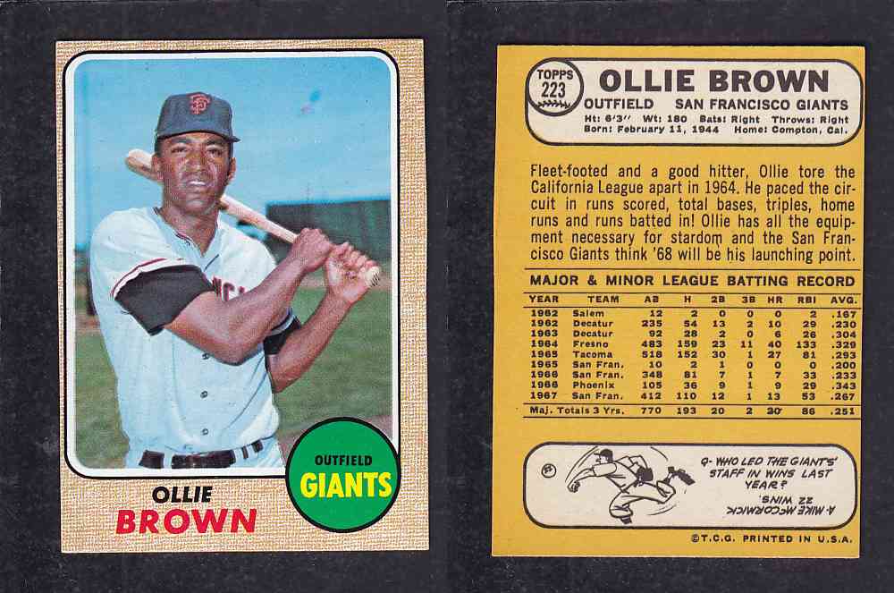 1968 TOPPS BASEBALL CARD #223 O. BROWN photo 1968 TOPPS BASEBALL CARD #223 O. BROWN photo