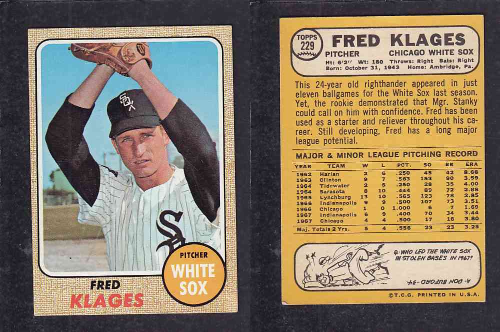 1968 TOPPS BASEBALL CARD #229 F. KLAGES photo 1968 TOPPS BASEBALL CARD #229 F. KLAGES photo