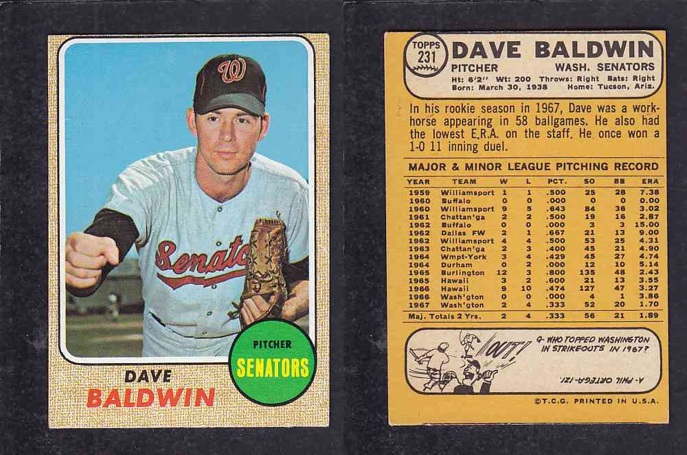 1968 TOPPS BASEBALL CARD #231 D. BALDWIN photo 1968 TOPPS BASEBALL CARD #231 D. BALDWIN photo