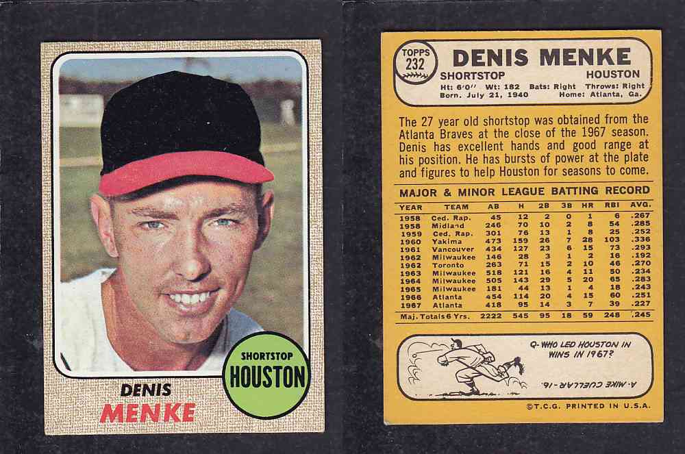 1968 TOPPS BASEBALL CARD #232 D.MENKE photo 1968 TOPPS BASEBALL CARD #232 D.MENKE photo