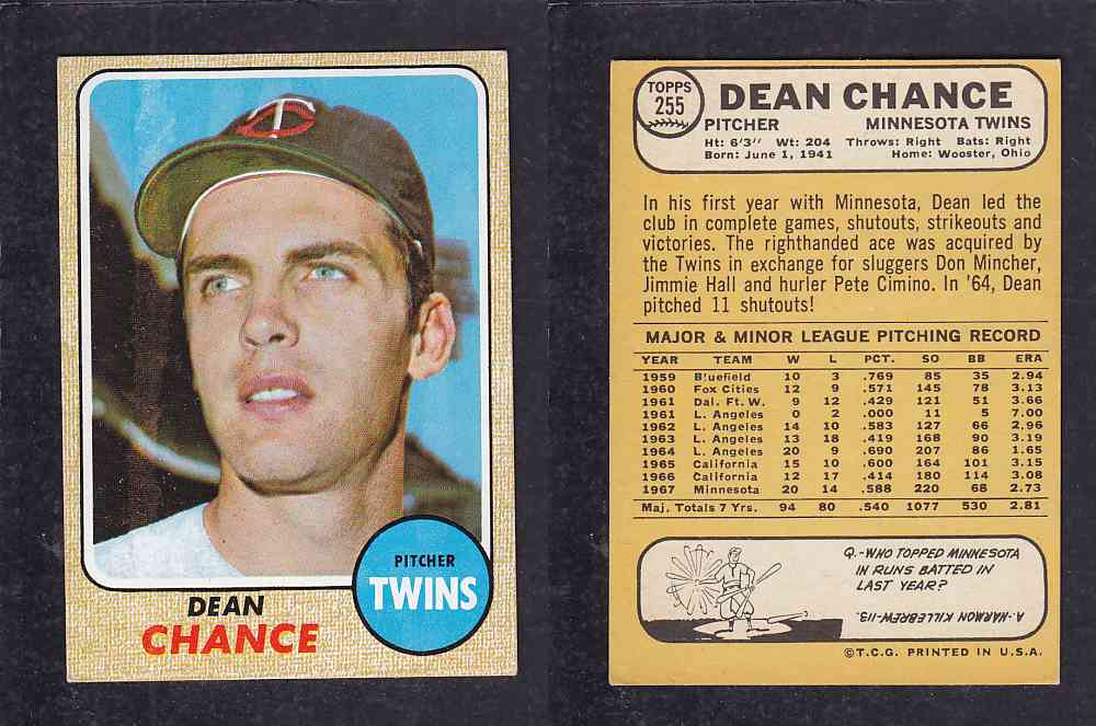 1968 TOPPS BASEBALL CARD #255 D. CHANCE photo 1968 TOPPS BASEBALL CARD #255 D. CHANCE photo