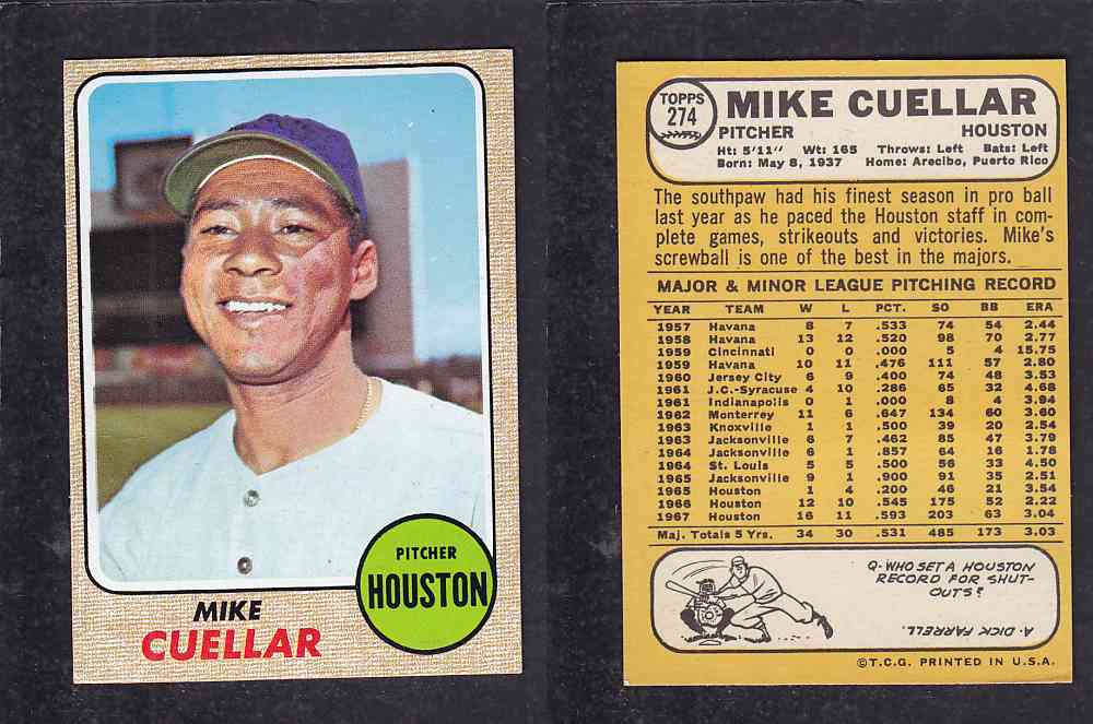 1968 TOPPS BASEBALL CARD #274 M. CUELLAR photo 1968 TOPPS BASEBALL CARD #274 M. CUELLAR photo