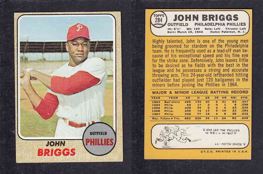 1968 TOPPS BASEBALL CARD #284 J. BRIGGS photo 1968 TOPPS BASEBALL CARD #284 J. BRIGGS photo