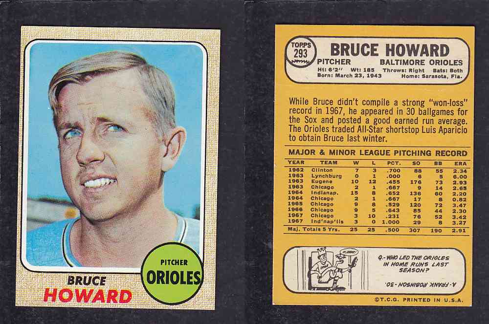 1968 TOPPS BASEBALL CARD #293 B. HOWARD photo 1968 TOPPS BASEBALL CARD #293 B. HOWARD photo