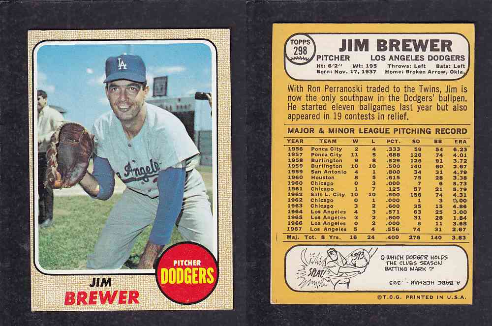 1968 TOPPS BASEBALL CARD #298 J. BREWER photo 1968 TOPPS BASEBALL CARD #298 J. BREWER photo