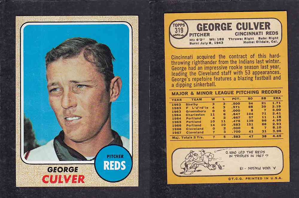 1968 TOPPS BASEBALL CARD #319 G. CULVER photo 1968 TOPPS BASEBALL CARD #319 G. CULVER photo