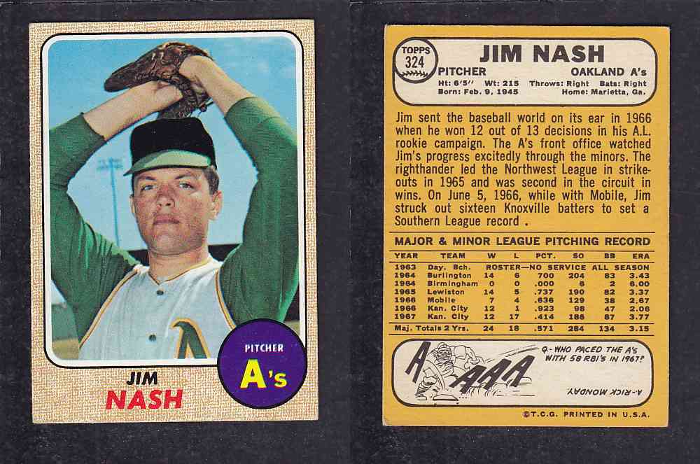 1968 TOPPS BASEBALL CARD #324 J. NASH photo 1968 TOPPS BASEBALL CARD #324 J. NASH photo