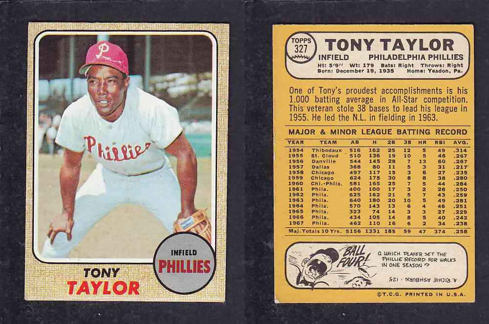 1968 TOPPS BASEBALL CARD #327 T. TAYLOR photo 1968 TOPPS BASEBALL CARD #327 T. TAYLOR photo