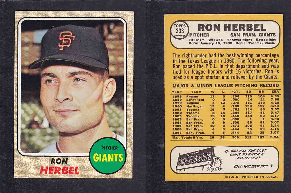 1968 TOPPS BASEBALL CARD #333 R. HERBEL photo 1968 TOPPS BASEBALL CARD #333 R. HERBEL photo