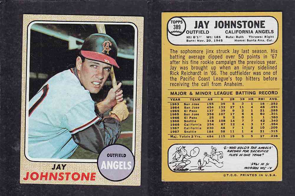 1968 TOPPS BASEBALL CARD #389 J. JOHNSTONE photo 1968 TOPPS BASEBALL CARD #389 J. JOHNSTONE photo