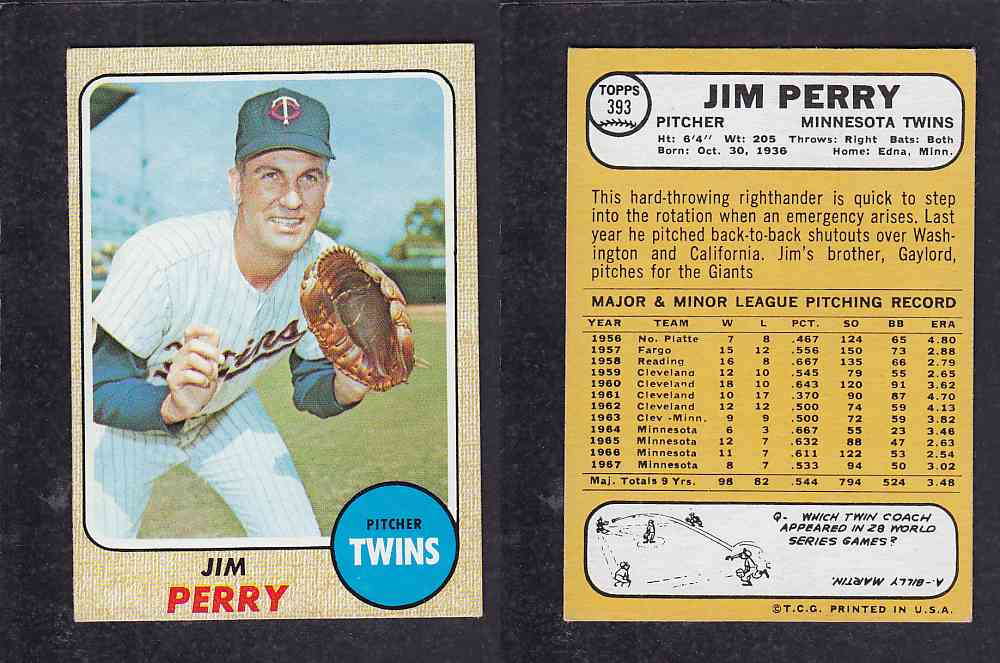 1968 TOPPS BASEBALL CARD #393 J. PERRY photo 1968 TOPPS BASEBALL CARD #393 J. PERRY photo
