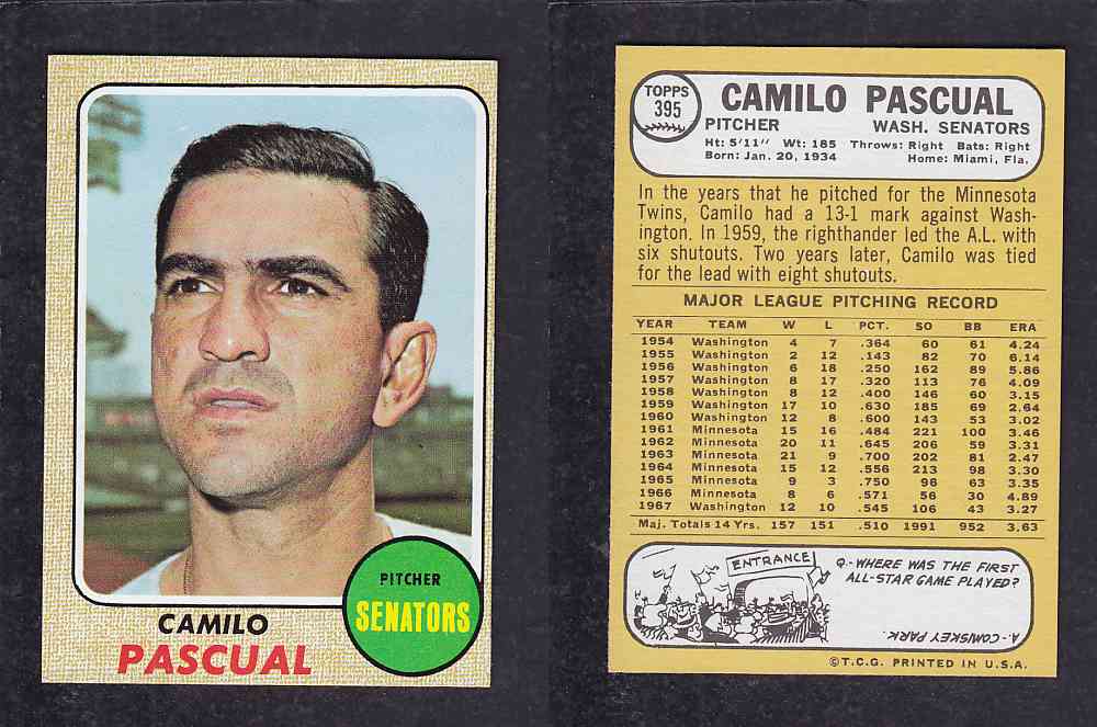 1968 TOPPS BASEBALL CARD #395 C. PASCUAL photo 1968 TOPPS BASEBALL CARD #395 C. PASCUAL photo