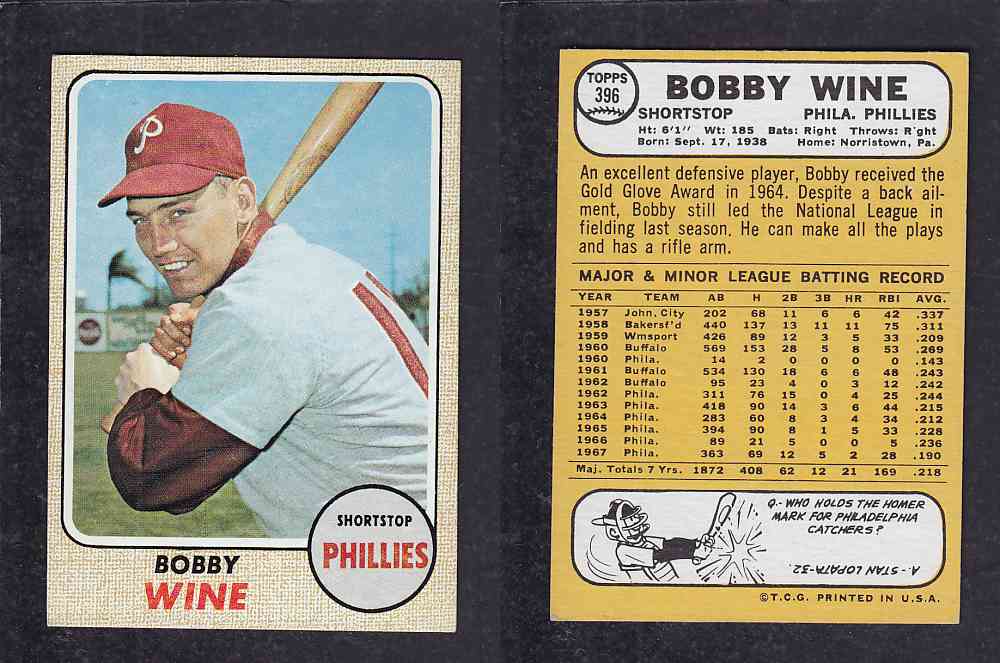 1968 TOPPS BASEBALL CARD #396 B. WINE photo 1968 TOPPS BASEBALL CARD #396 B. WINE photo