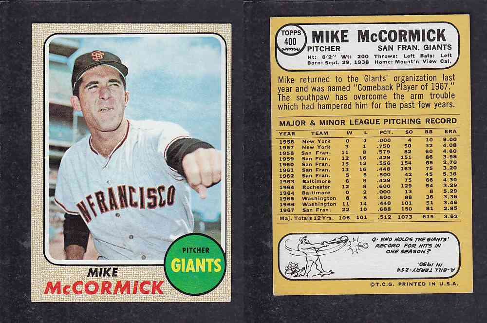 1968 TOPPS BASEBALL CARD #400 M. McCORMICK photo 1968 TOPPS BASEBALL CARD #400 M. McCORMICK photo
