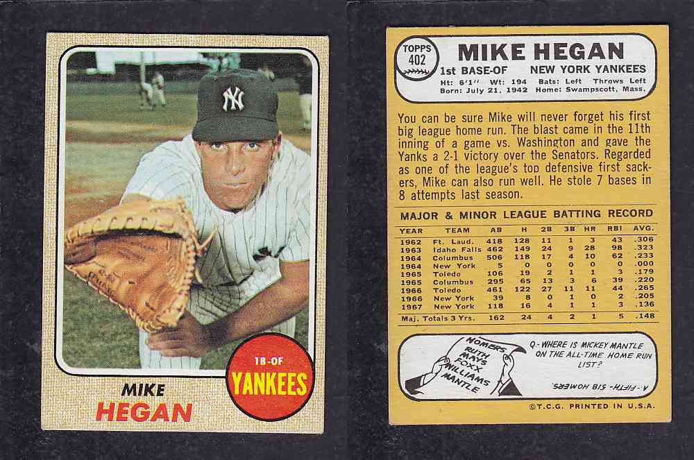 1968 TOPPS BASEBALL CARD #402 M. HEGAN photo 1968 TOPPS BASEBALL CARD #402 M. HEGAN photo