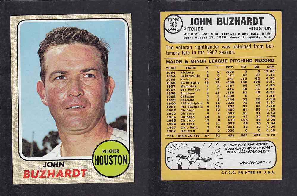 1968 TOPPS BASEBALL CARD #403 J. BUZHARDT photo 1968 TOPPS BASEBALL CARD #403 J. BUZHARDT photo
