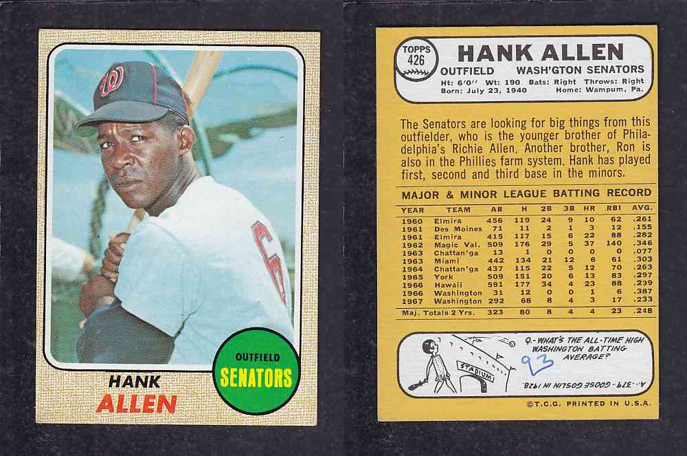 1968 TOPPS BASEBALL CARD #426 H. ALLEN photo 1968 TOPPS BASEBALL CARD #426 H. ALLEN photo