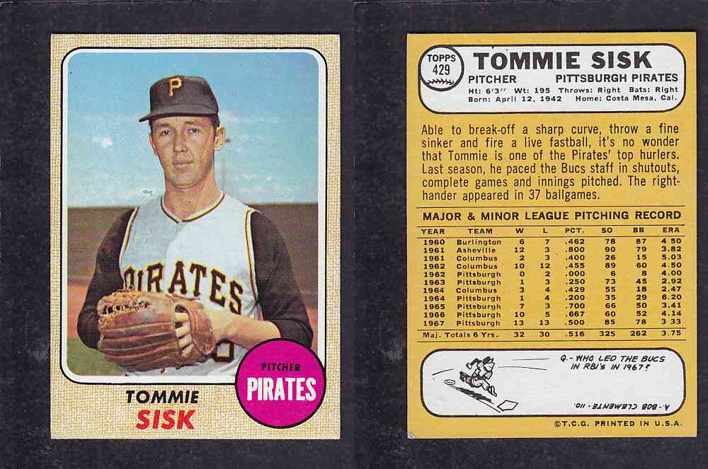 1968 TOPPS BASEBALL CARD #429 T. SISK photo 1968 TOPPS BASEBALL CARD #429 T. SISK photo