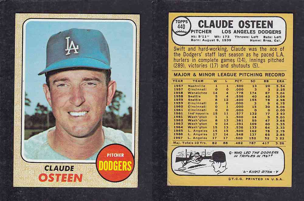1968 TOPPS BASEBALL CARD #440 C. OSTEEN photo 1968 TOPPS BASEBALL CARD #440 C. OSTEEN photo