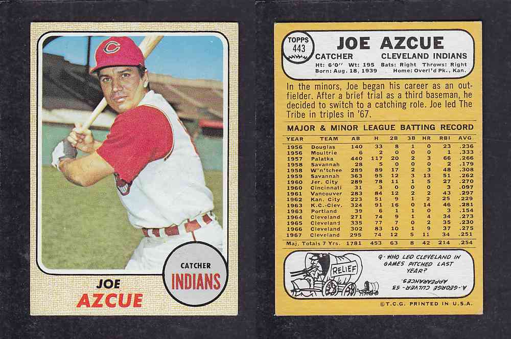 1968 TOPPS BASEBALL CARD #443 J. AZCUE photo 1968 TOPPS BASEBALL CARD #443 J. AZCUE photo