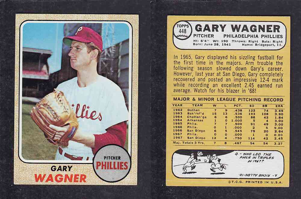 1968 TOPPS BASEBALL CARD #448 G. WAGNER photo 1968 TOPPS BASEBALL CARD #448 G. WAGNER photo