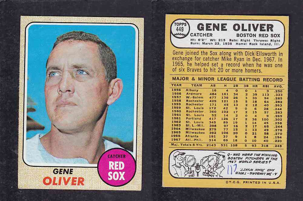 1968 TOPPS BASEBALL CARD #449 G. OLIVER photo 1968 TOPPS BASEBALL CARD #449 G. OLIVER photo