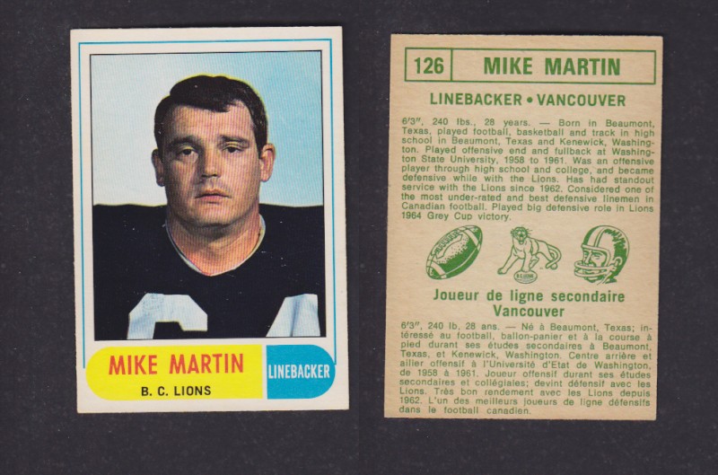 1968 CFL O-PEE-CHEE FOOTBALL CARD #126 M. MARTIN photo 1968 CFL O-PEE-CHEE FOOTBALL CARD #126 M. MARTIN photo