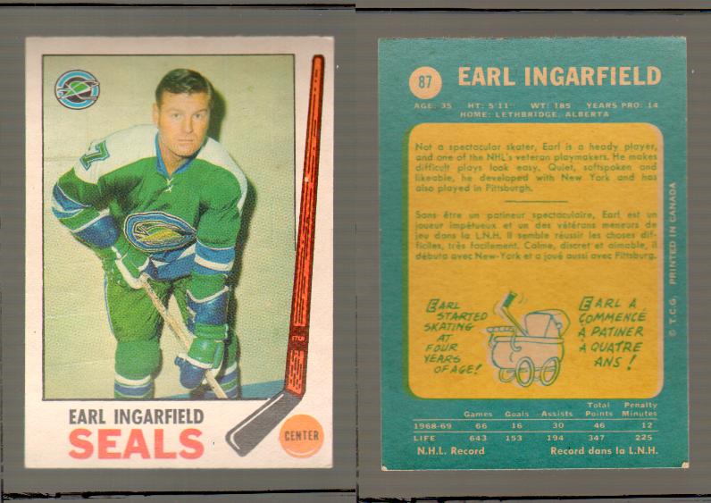 1969-70 O-PEE-CHEE HOCKEY CARD #87 EARL INGARFIELD photo 1969-70 O-PEE-CHEE HOCKEY CARD #87 EARL INGARFIELD photo