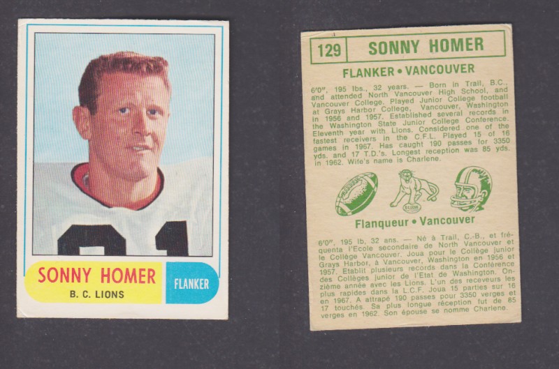 1968 CFL O-PEE-CHEE FOOTBALL CARD #129 S. HOMER photo 1968 CFL O-PEE-CHEE FOOTBALL CARD #129 S. HOMER photo